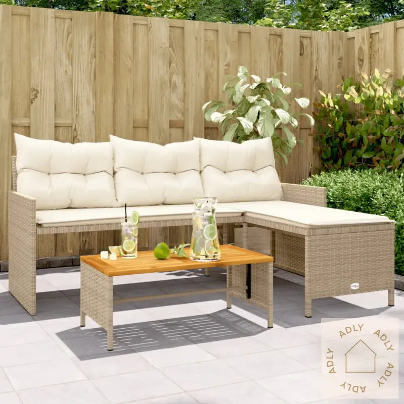 Hagesofa Med Bord Og Puter L-Formet Beige Polyrotting