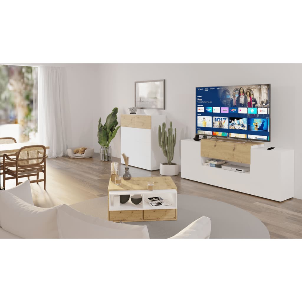 Fmd Tv/Hi-Fi-Benk 182X33X70,2 Cm Hvit Og Artisan Eik