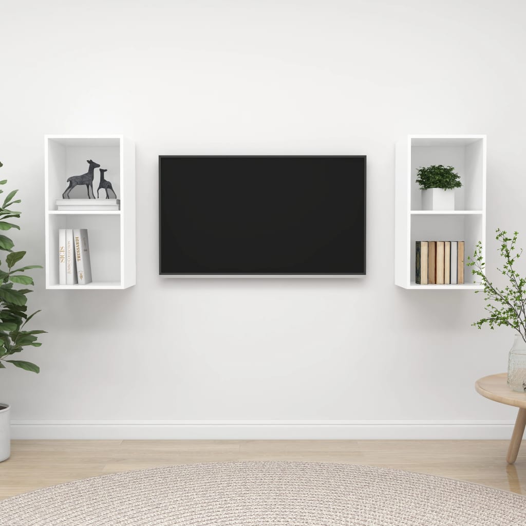 Vegghengte TV-benker 2 stk hvit konstruert tre