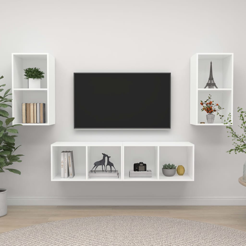 Vegghengte TV-benker 4 stk hvit konstruert tre
