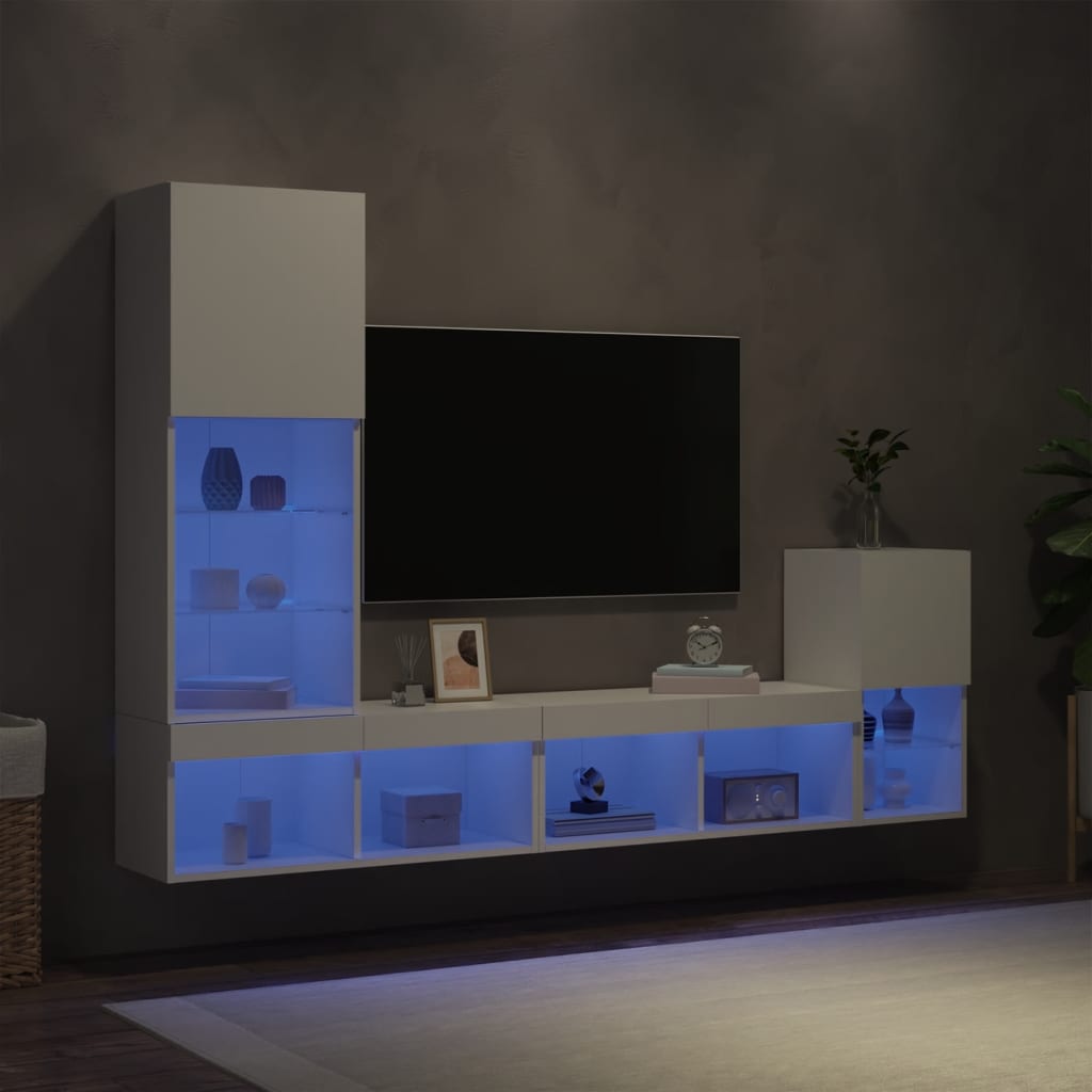 Vegghengte TV-enheter med LED 4 deler hvit konstruert tre