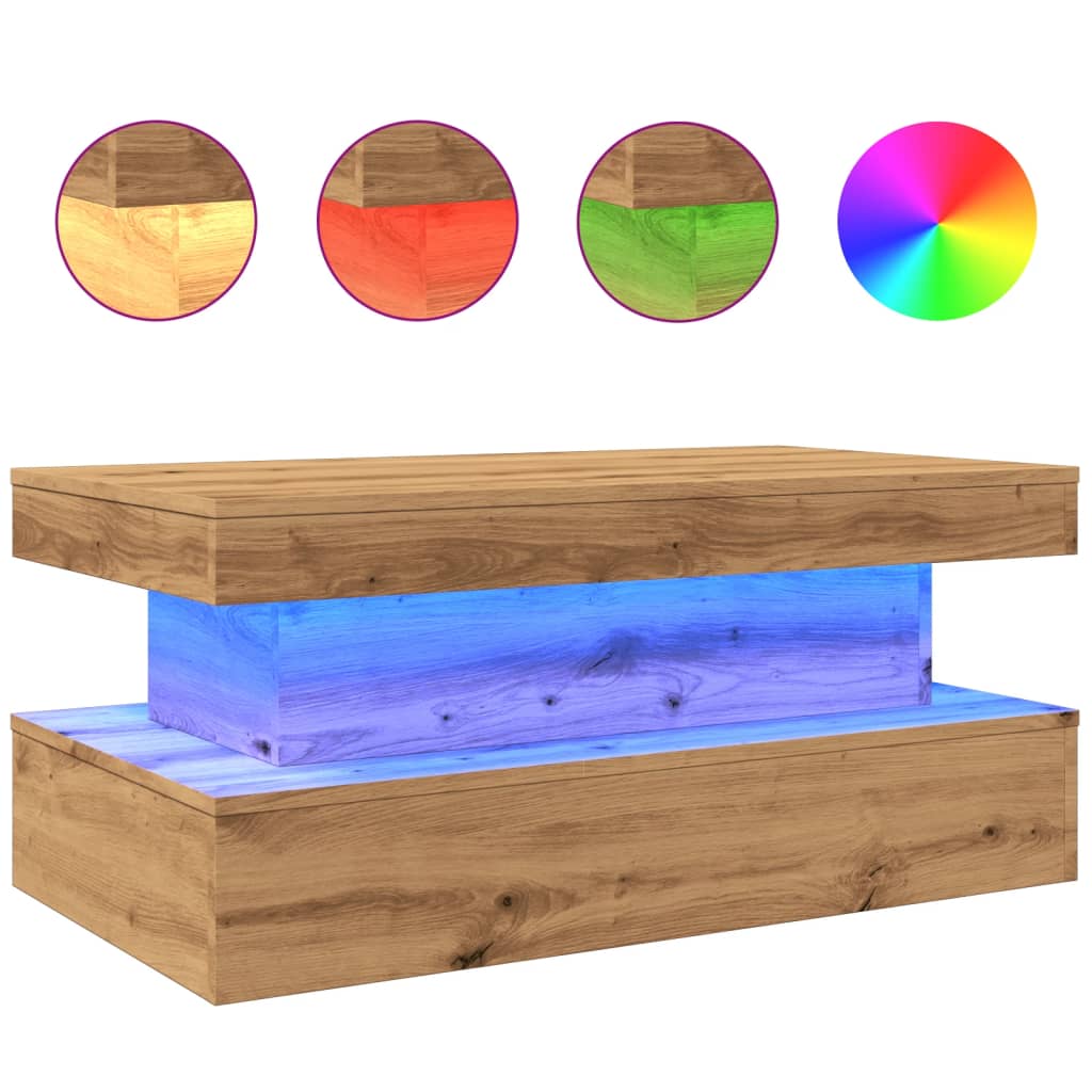 Salongbord med LED-lys artisan eik 90x50x40 cm