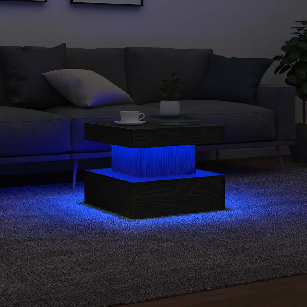 Salongbord med LED-lys svart eik 50x50x40 cm