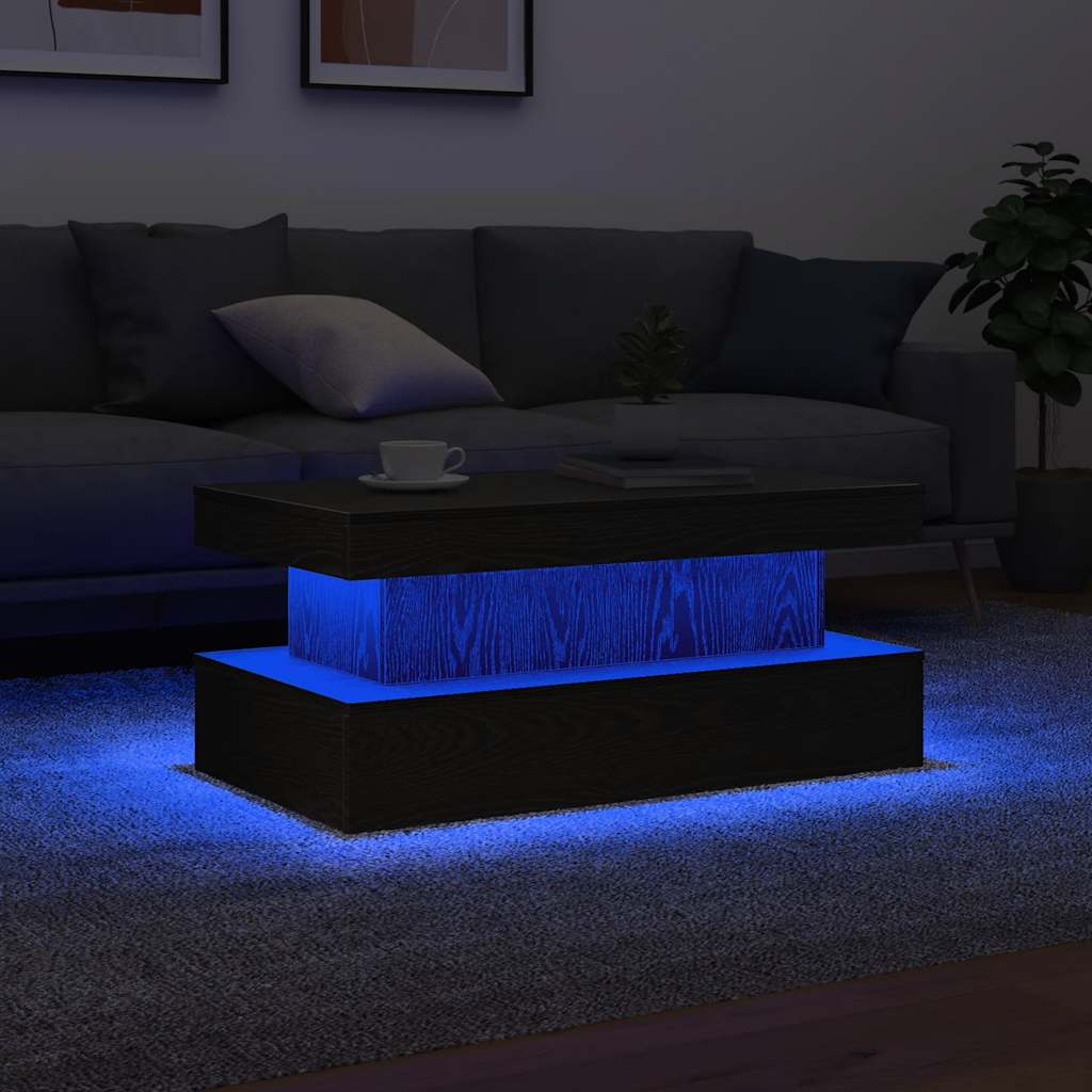 Salongbord med LED-lys svart eik 90x50x40 cm