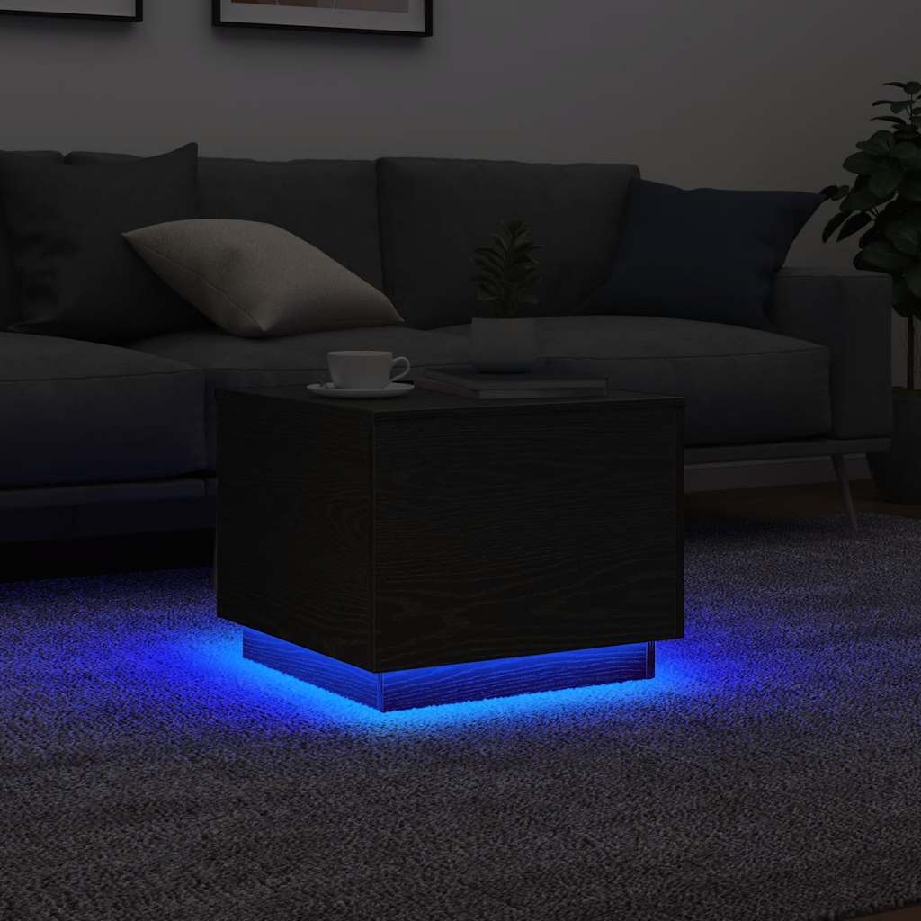 Salongbord med LED-lys svart eik 50x50x40 cm