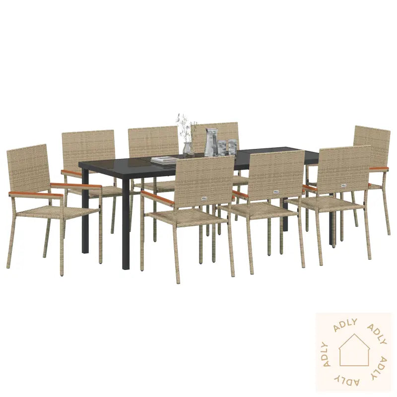 9-Delt Hage Spisestue Sett Beige Poly Rattan