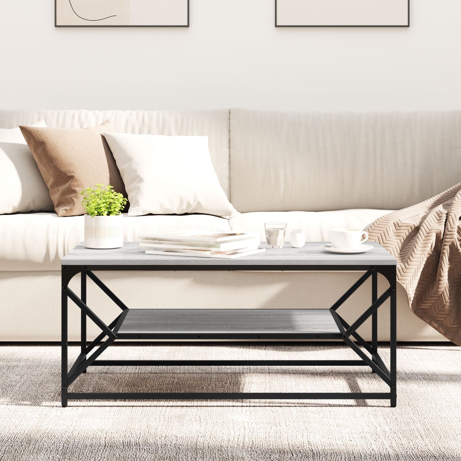 Kaffebord med Hylle Grå Sonoma 90x50x40 cm Konstruert Tre