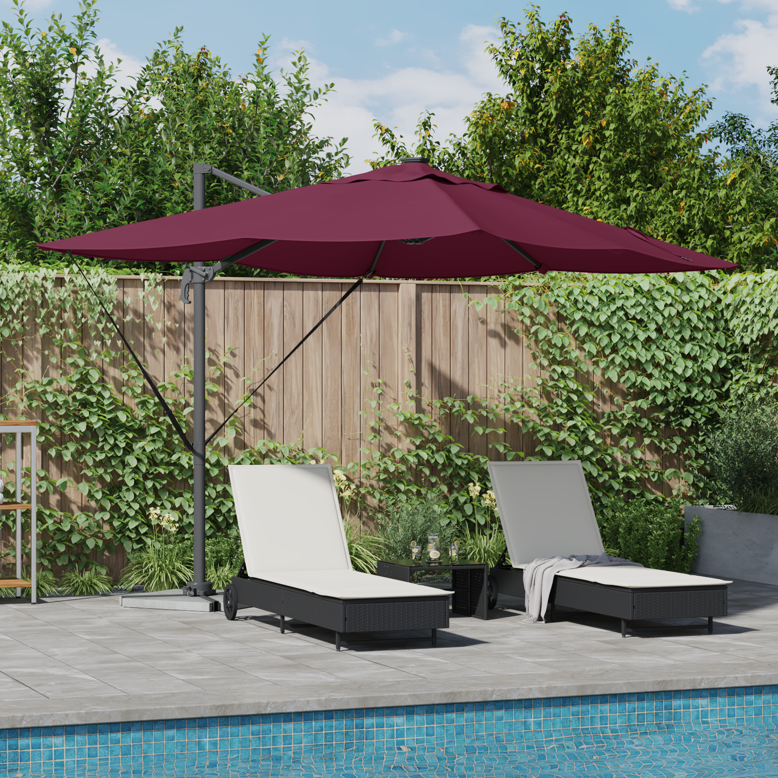 Cantilever Roma Parasol Med Led I Bordeaux-Rød 352X251X265 Cm Aluminium