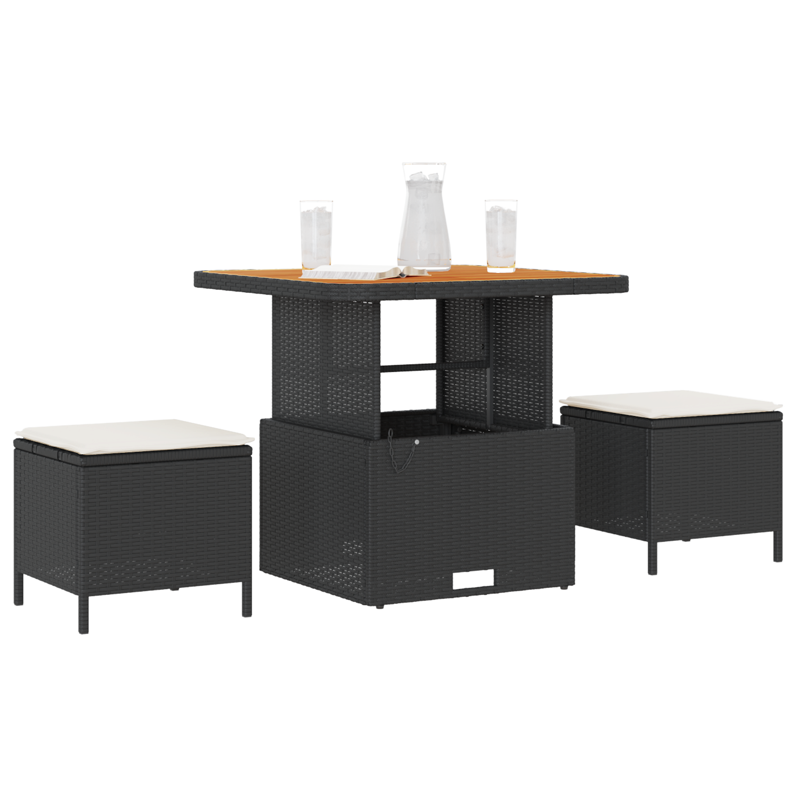 3-Delt Hage Spisebordsett Med Puter Svart Poly Rattan Acacia