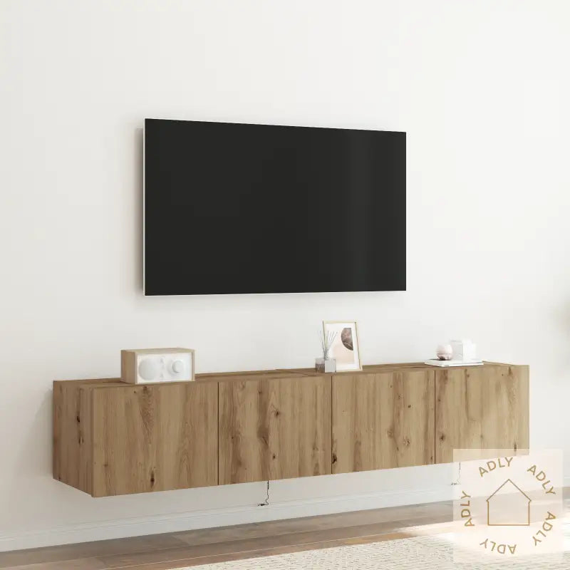 Tv Veggskap Med Led Lys 2 Stk Håndlaget Eik 80X35X31 Cm