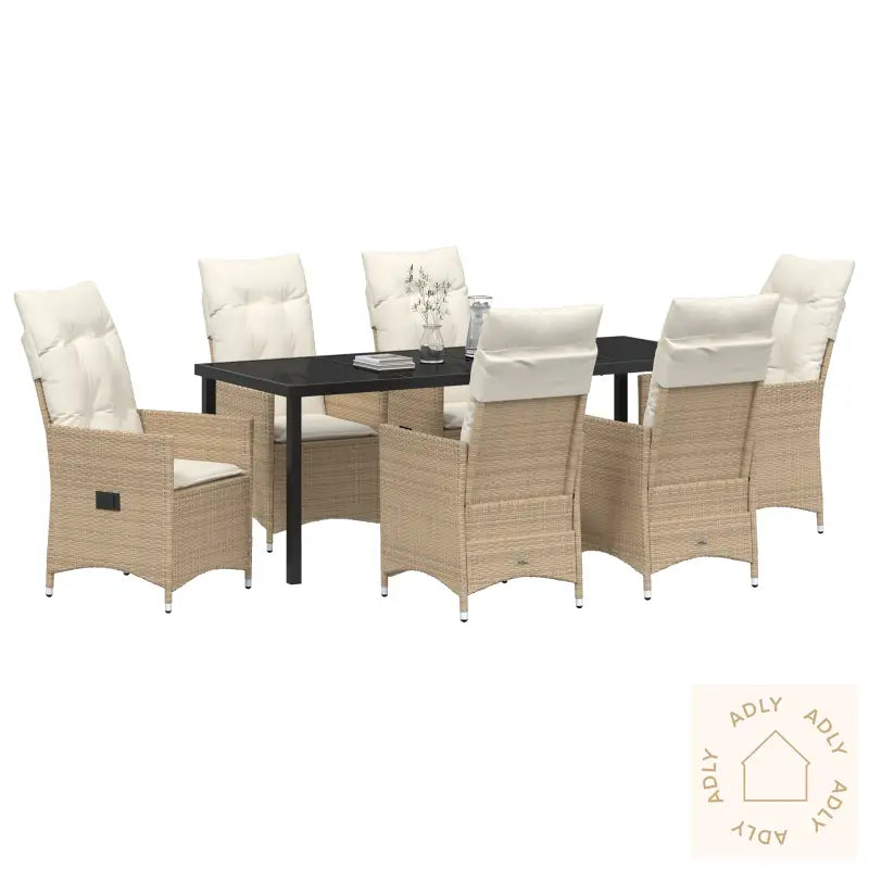 7-Delt Hage Spisegruppe Med Puter Beige Poly Rattan