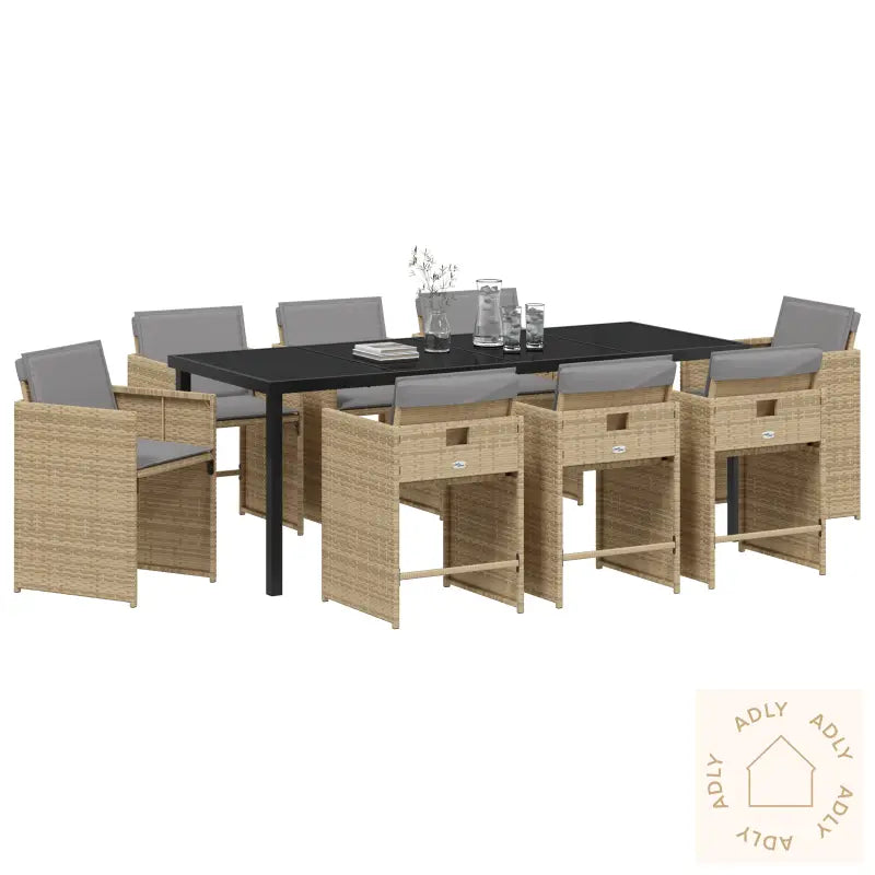 9 Deler Hage Spisestuebord Med Puter Beige Polyrotting
