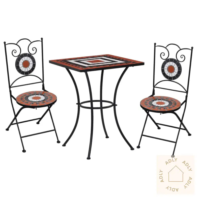 Mosaikkbistrosett Med Keramikkfliser 3 Deler Terrakotta Og Hvit