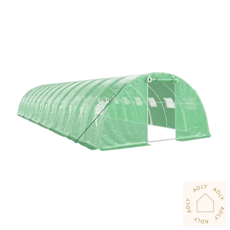 Grønt drivhus i galvanisert stål med åpen inngang for plantene dine og hagemøbler