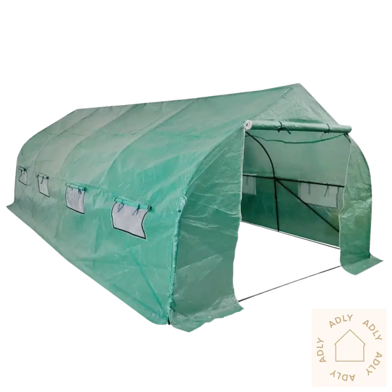 Grønt drivhus med dobbel glidelås for varme dager og hagemøbler