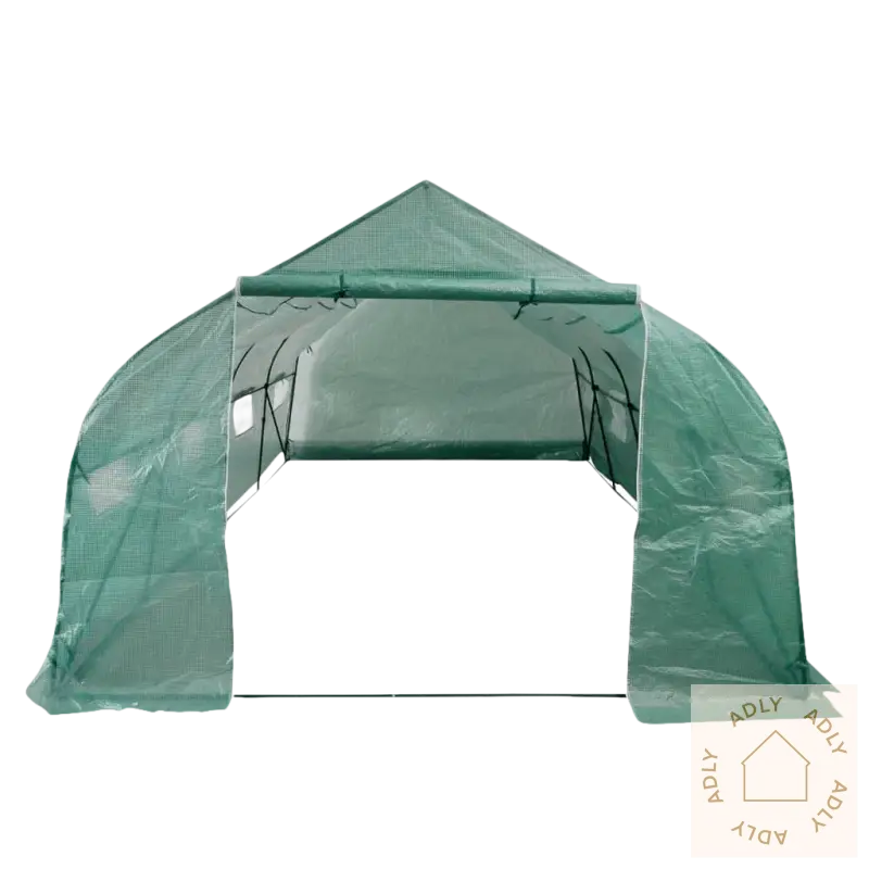 Greenhouse telt med dobbel glidelås for varme dager og hagemøbler i hagen