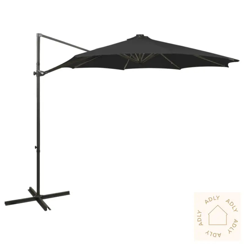 Hengende Hageparasoll Med Stang Og Led-Lys Svart 300 Cm