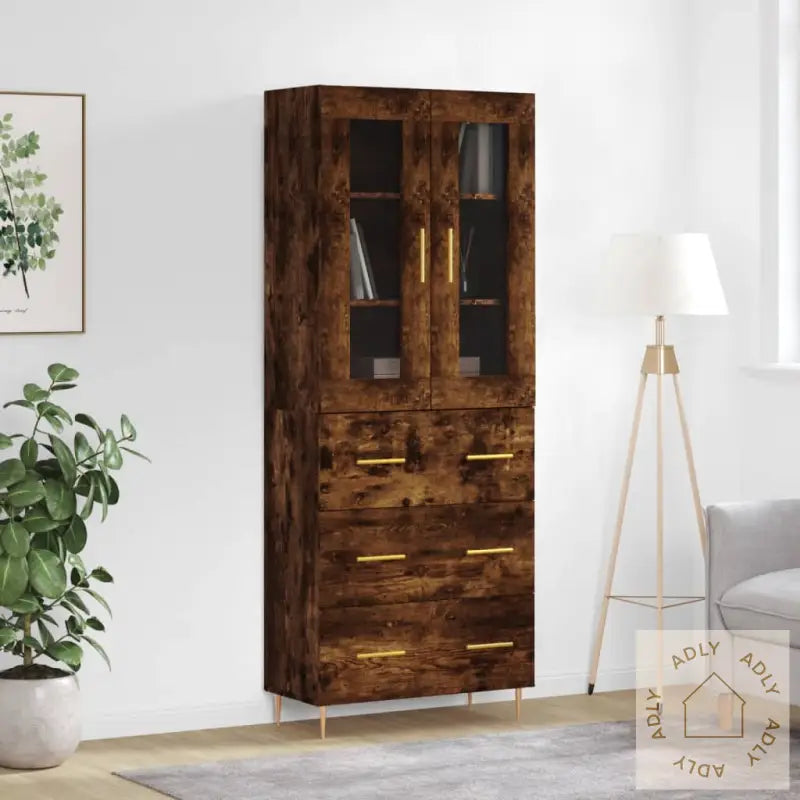 Highboard Røkt Eik 69,5X34X180 Cm Konstruert Tre
