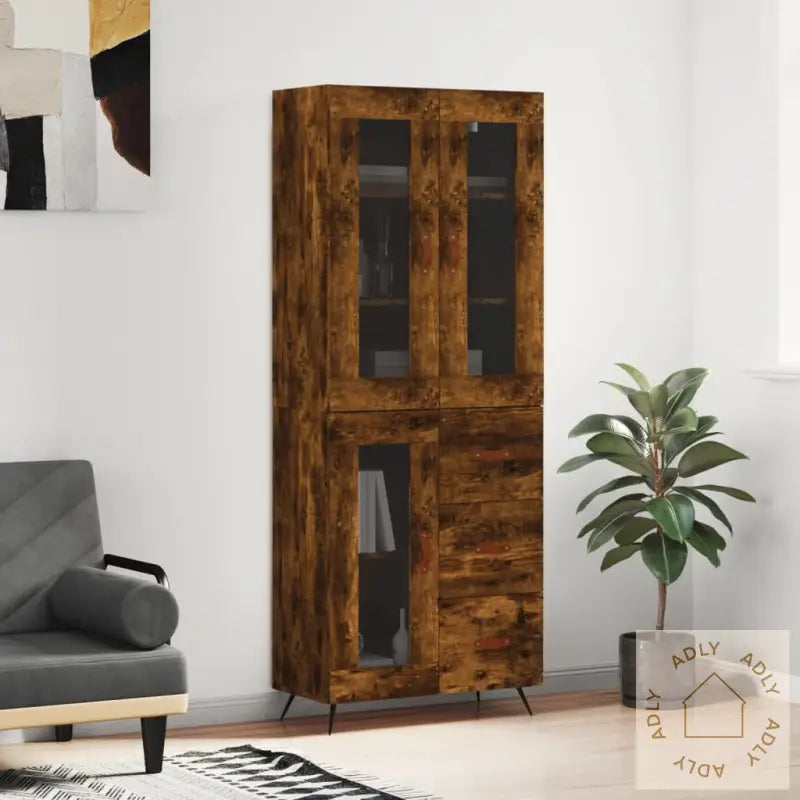Highboard Røkt Eik 69,5X34X180 Cm Konstruert Tre