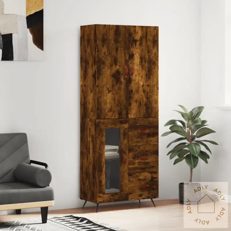 Highboard Røkt Eik 69,5X34X180 Cm Konstruert Tre