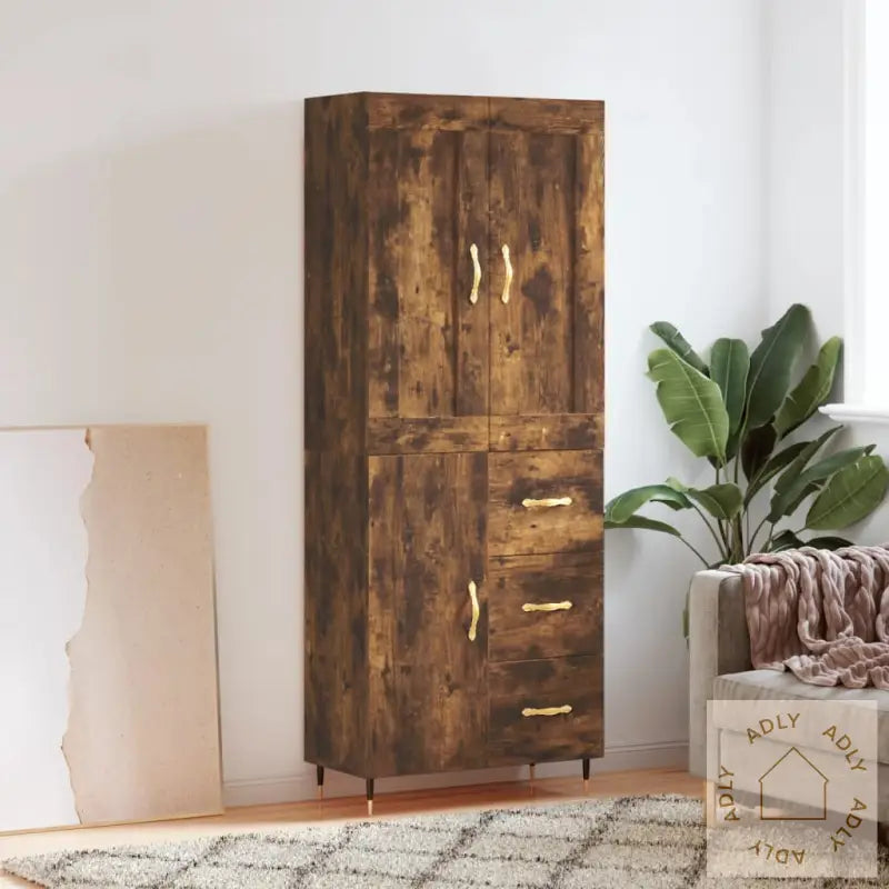 Highboard Røkt Eik 69,5X34X180 Cm Konstruert Tre
