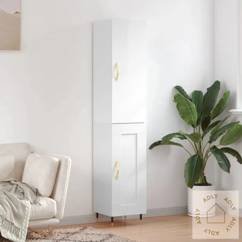 Highboard Høyglans Hvit 34,5X34X180 Cm Konstruert Tre