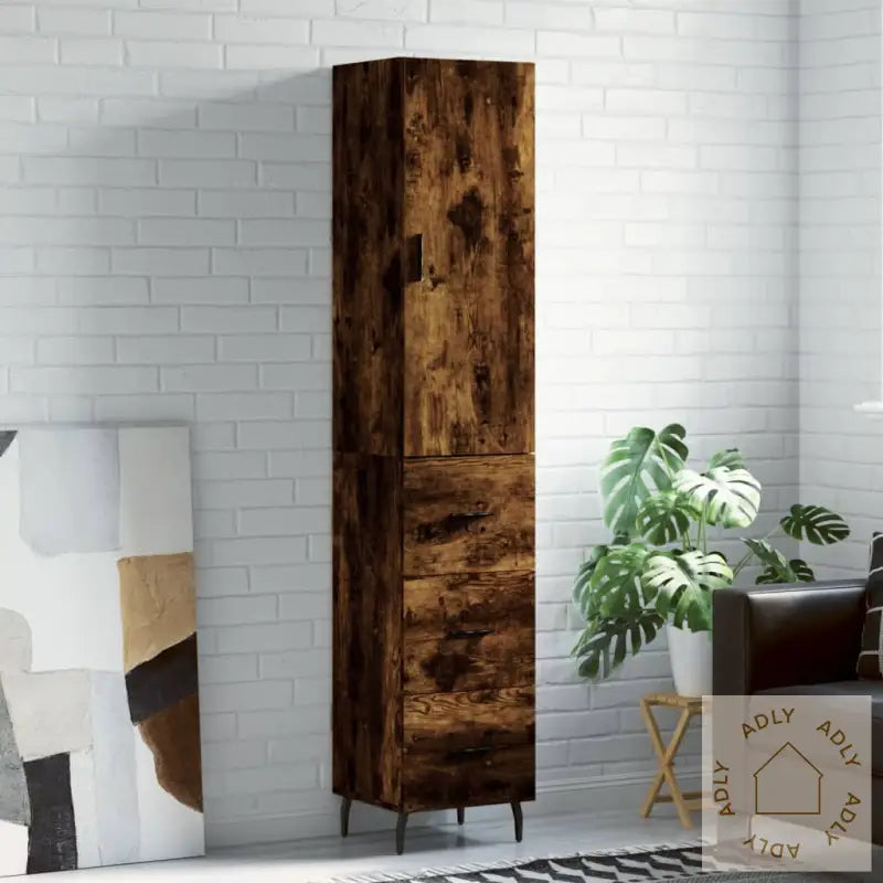 Highboard Røkt Eik 34,5X34X180 Cm Konstruert Tre