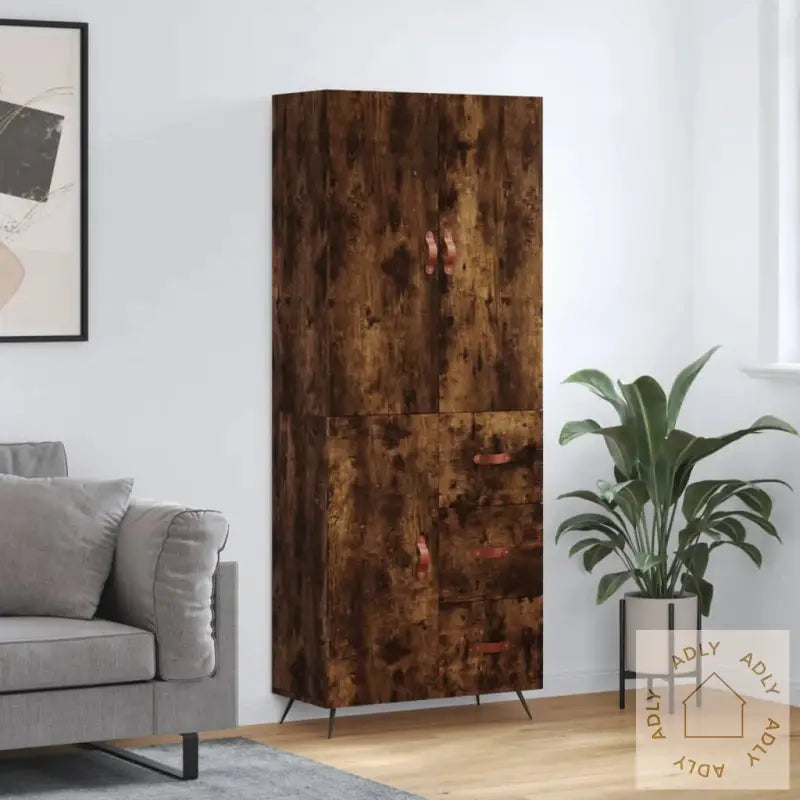 Highboard Røkt Eik 69,5X34X180 Cm Konstruert Tre