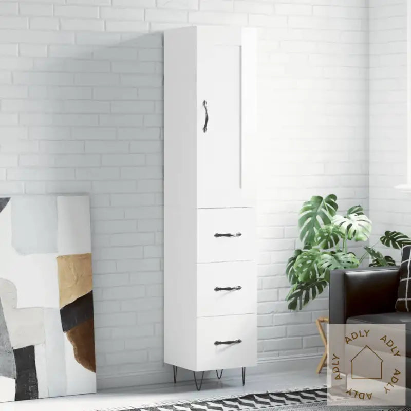 Highboard Høyglans Hvit 34,5X34X180 Cm Konstruert Tre