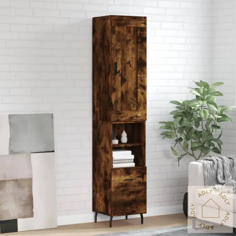 Highboard Røkt Eik 34,5X34X180 Cm Konstruert Tre