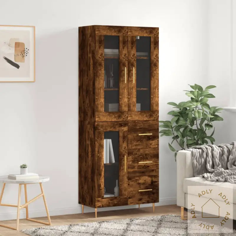 Highboard Røkt Eik 69,5X34X180 Cm Konstruert Tre
