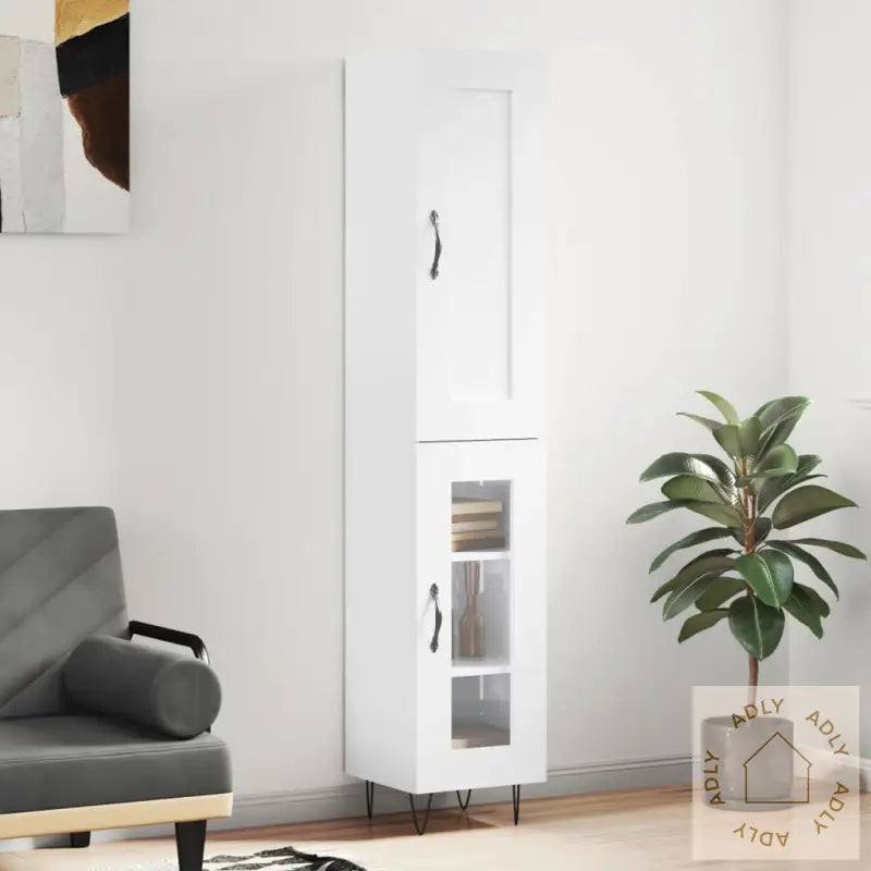 Highboard Høyglans Hvit 34,5X34X180 Cm Konstruert Tre
