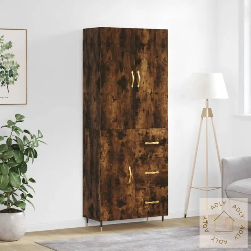 Highboard Røkt Eik 69,5X34X180 Cm Konstruert Tre