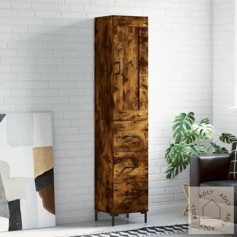 Highboard Røkt Eik 34,5X34X180 Cm Konstruert Tre