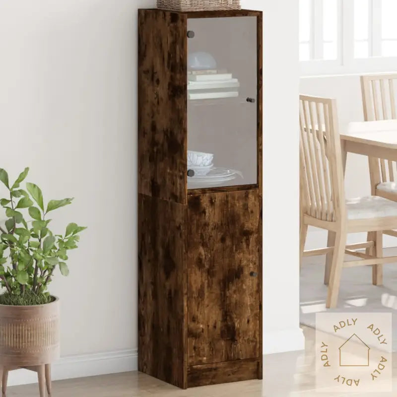Highboard Med Glassdør Røkt Eik 35X37X142 Cm