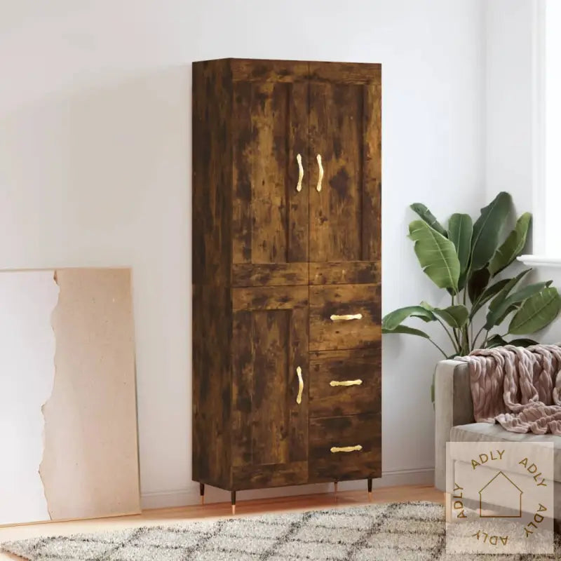 Highboard Røkt Eik 69,5X34X180 Cm Konstruert Tre