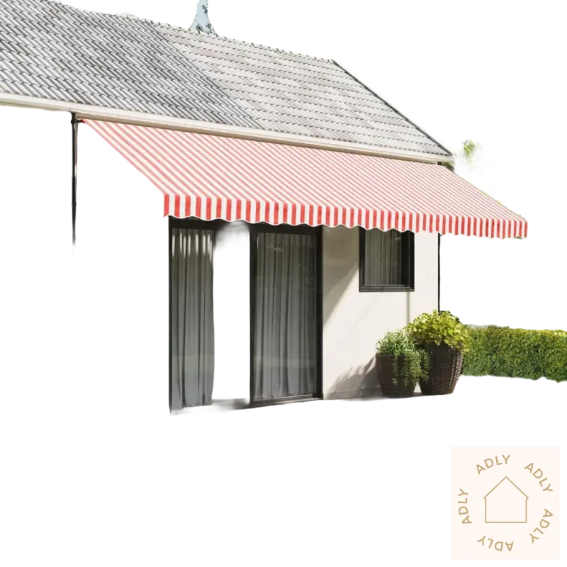 Red and white striped awning for hagemøbler og møbler til hjemmet on Erstatningsduk