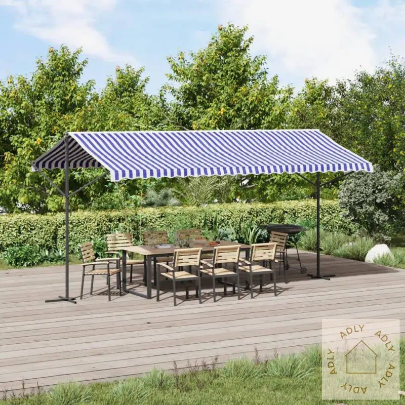 Frittstående Markise Blå Og Hvit 500X300 Cm Stoff Og Stål