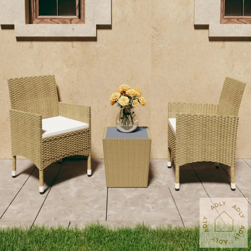 Bistrosett 3 Deler Polyrotting Og Herdet Glass Beige