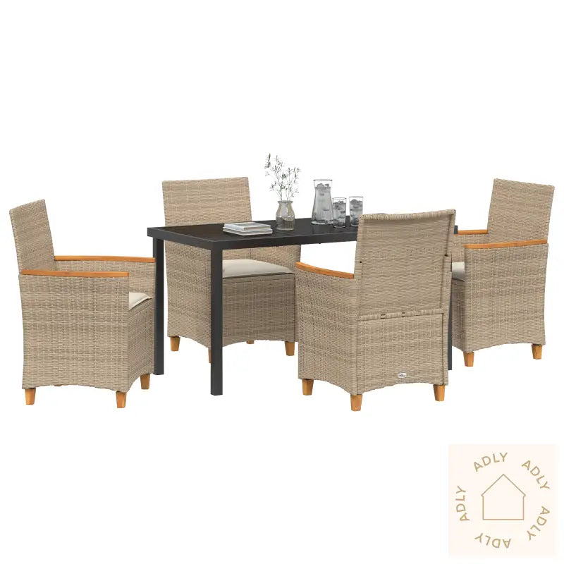 5-Delt Hage Spisestol Sett Med Puter Beige Poly Rattan