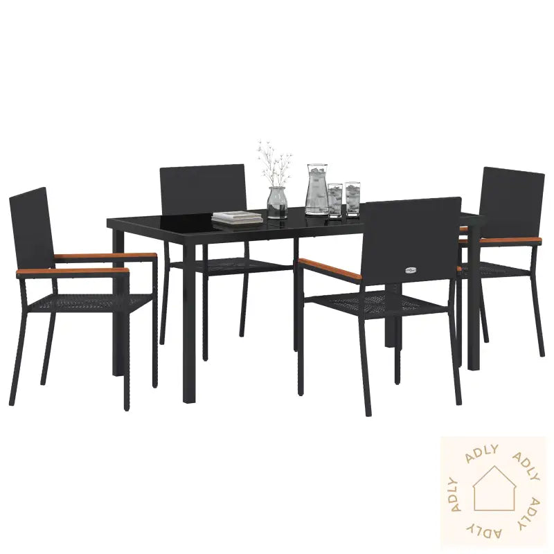 5 Delt Hage Spisebordsett Svart Poly Rattan