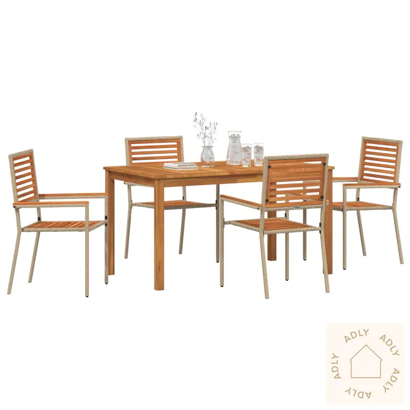 5 Delers Hage Spisebord Sett Beige Poly Rattan Akasie