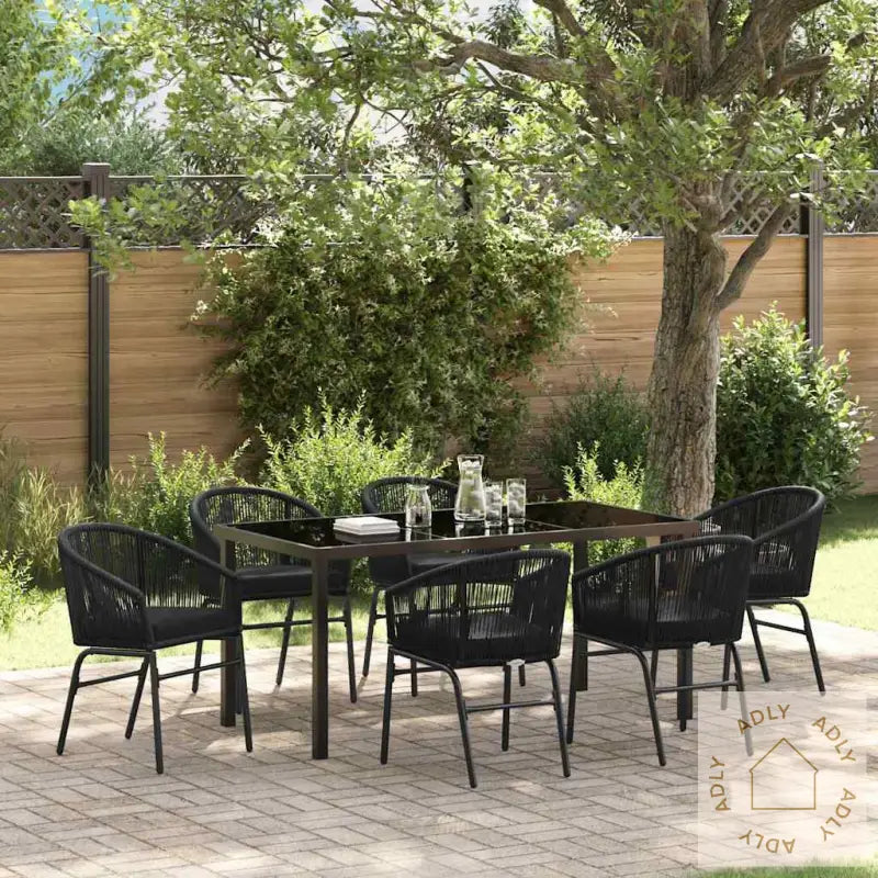7-Delt Hagesett Med Spisebord – Svart Poly-Rattan