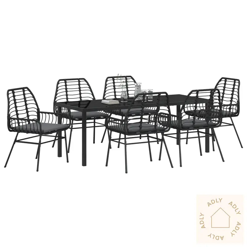 7 Delt Hage Spisebordsett Med Puter Svart Poly Rattan