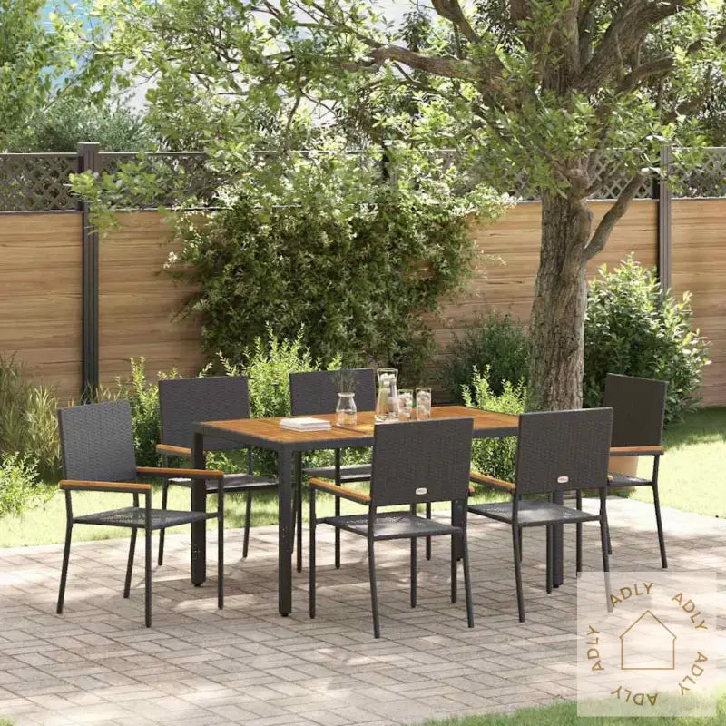 7 Deler Hage Spisebordsett Svart Poly Rattan