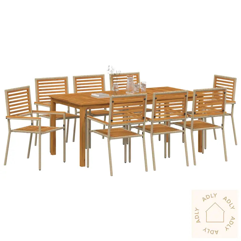 9 Delt Hage Spisebordsett Beige Poly Rattan Akasie