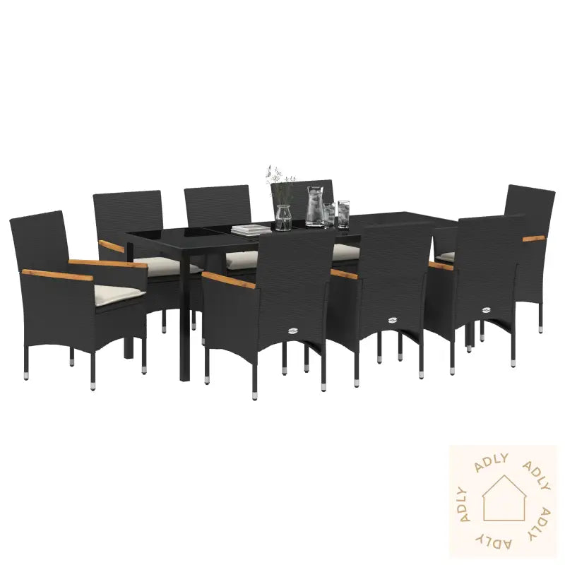 9-Delt Hage Spisebordsett Med Puter Svart Poly Rattan