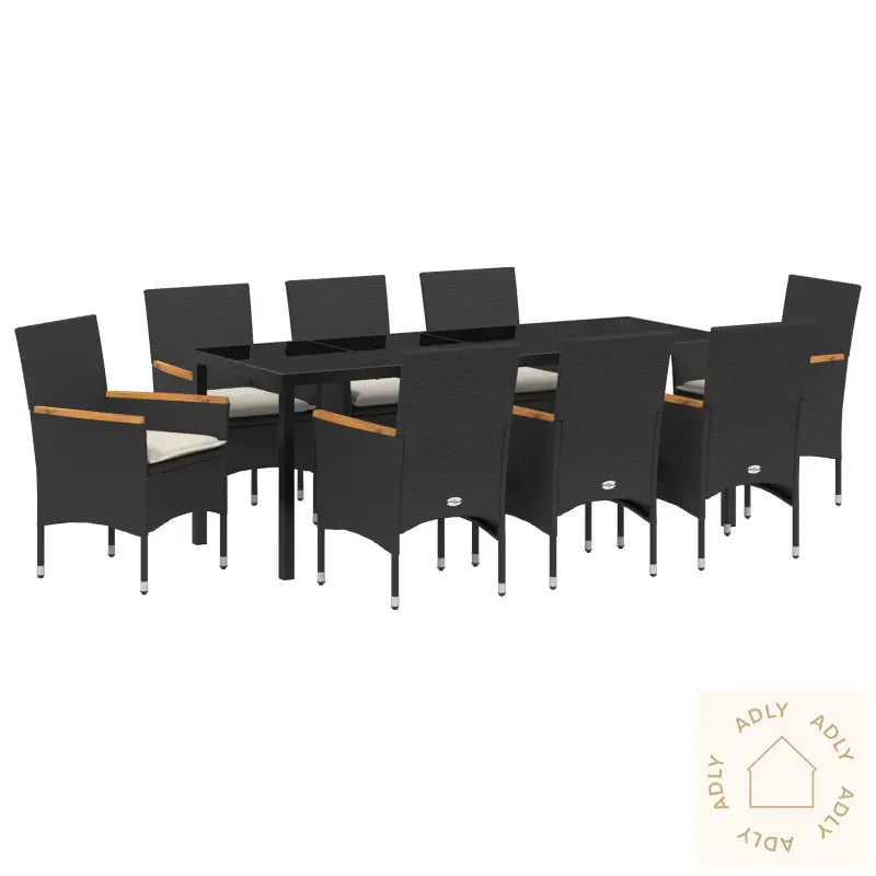 9-Delt Hage Spisebordsett Med Puter Svart Poly Rattan