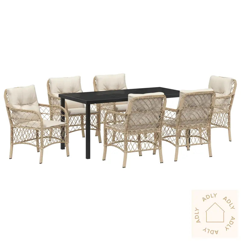 7 Delt Hage Spisesett Med Puter Beige Poly Rattan
