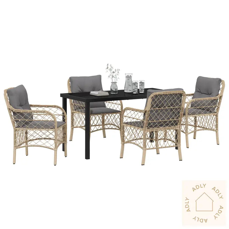 5 Delt Hage Spisesett Med Puter Beige Poly Rattan